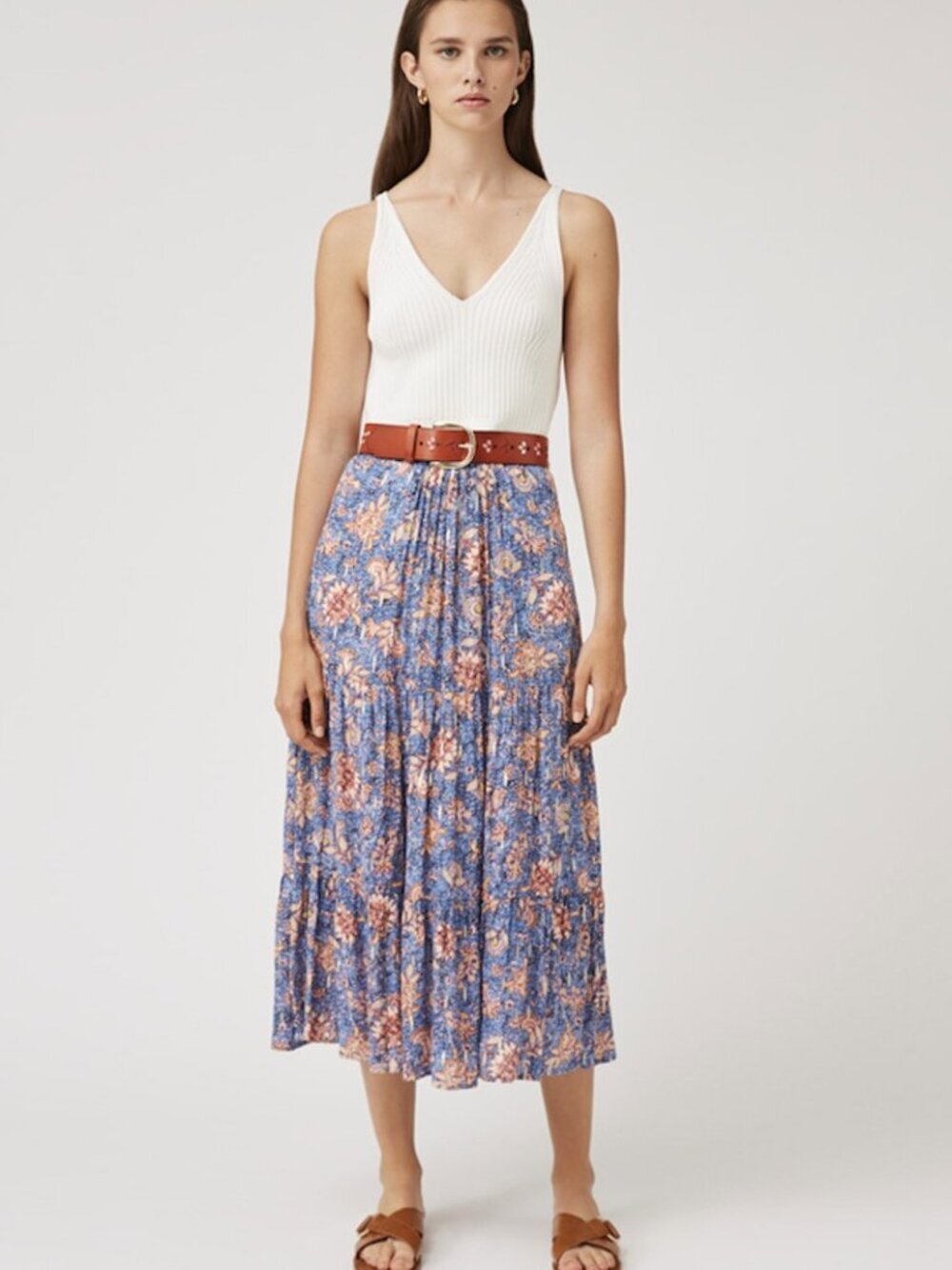 Suncoo Fancy Floral Tiered Midi Skirt Boho Chic Parisian Cottagecore Blue